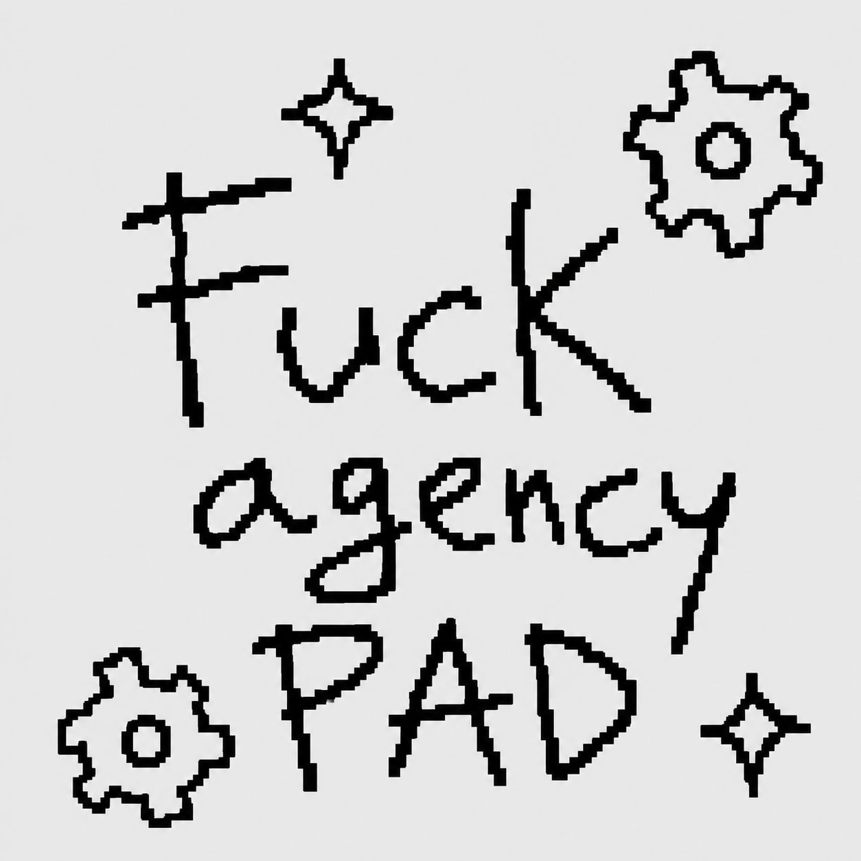 Hand-drawn Fuck Agency Pad logo with gears and stars